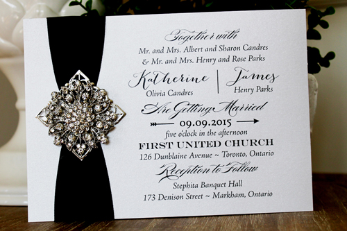 Invitation 1310: Ice Pearl, Black Ribbon, Brooch/Buckle A11, Metal Filigree F5 - Silver - White Ice Pearl paper with a black ribbon and rhinestone brooch idea