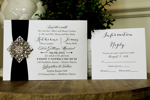 Invitation 1310: Ice Pearl, Black Ribbon, Brooch/Buckle A11, Metal Filigree F5 - Silver - White Ice Pearl paper with a black ribbon and rhinestone brooch idea