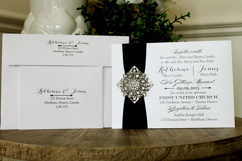 Invitation 1310: Ice Pearl, Black Ribbon, Brooch/Buckle A11, Metal Filigree F5 - Silver - White Ice Pearl paper with a black ribbon and rhinestone brooch idea