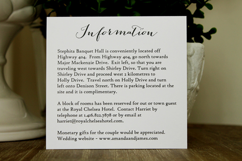 Invitation 1310: Ice Pearl, Black Ribbon, Brooch/Buckle A11, Metal Filigree F5 - Silver - White Ice Pearl paper with a black ribbon and rhinestone brooch idea