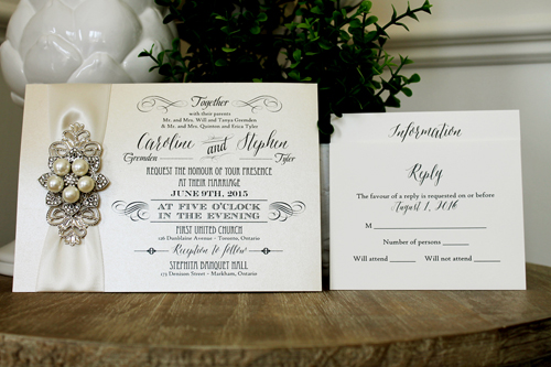 Invitation 1312: Buttermilk Pearl, Antique Ribbon, Brooch/Buckle T, Metal Filigree F4 - Silver - Buttermilk Pearl paper with an antique ribbon and pearl brooch detail