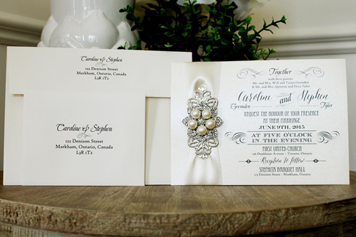 Invitation 1312: Buttermilk Pearl, Antique Ribbon, Brooch/Buckle T, Metal Filigree F4 - Silver - Buttermilk Pearl paper with an antique ribbon and pearl brooch detail