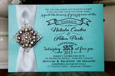 Invitation 1313: Tiffany Pearl, White Ribbon, Brooch/Buckle X, Metal Filigree F5 - Silver - Tiffany pearl paper wedding invite with a white ribbon and brooch