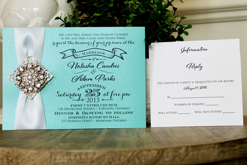 Invitation 1313: Tiffany Pearl, White Ribbon, Brooch/Buckle X, Metal Filigree F5 - Silver - Tiffany pearl paper wedding invite with a white ribbon and brooch