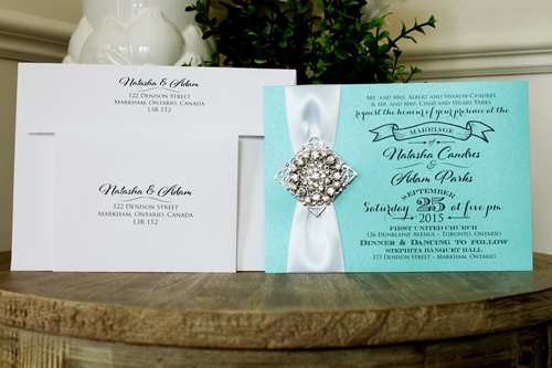 Invitation 1313: Tiffany Pearl, White Ribbon, Brooch/Buckle X, Metal Filigree F5 - Silver - Tiffany pearl paper wedding invite with a white ribbon and brooch
