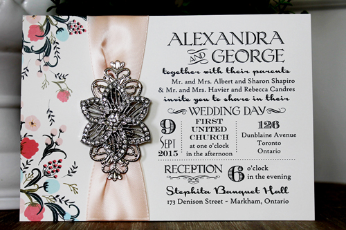 Invitation 1318: Cream Smooth, Blush Ribbon, Brooch/Buckle A5, Metal Filigree F4 - Silver - Floral printed card with a blush ribbon and flower brooch