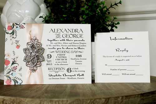 Invitation 1318: Cream Smooth, Blush Ribbon, Brooch/Buckle A5, Metal Filigree F4 - Silver - Floral printed card with a blush ribbon and flower brooch