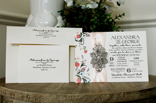 Invitation 1318: Cream Smooth, Blush Ribbon, Brooch/Buckle A5, Metal Filigree F4 - Silver - Floral printed card with a blush ribbon and flower brooch