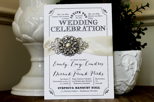 Invitation 1327: Ice Pearl, Antique Ribbon, Brooch/Buckle A6, Metal Filigree F4 - Silver - Ice Pearl white card with an antique ribbon and single pearl brooch