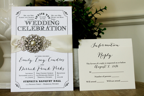 Invitation 1327: Ice Pearl, Antique Ribbon, Brooch/Buckle A6, Metal Filigree F4 - Silver - Ice Pearl white card with an antique ribbon and single pearl brooch