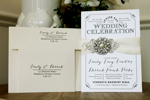 Invitation 1327: Ice Pearl, Antique Ribbon, Brooch/Buckle A6, Metal Filigree F4 - Silver - Ice Pearl white card with an antique ribbon and single pearl brooch