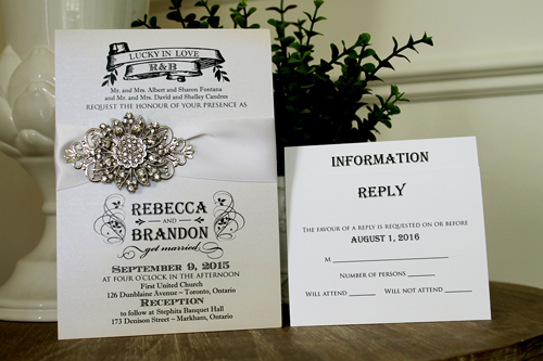 Invitation 1328: Iridescent Pearl, White Ribbon, Brooch/Buckle A11, Metal Filigree F4 - Silver - Single card iridescent pearl paper card with a white ribbon and flower shaped brooch