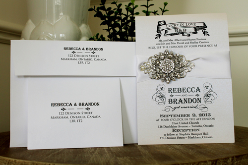 Invitation 1328: Iridescent Pearl, White Ribbon, Brooch/Buckle A11, Metal Filigree F4 - Silver - Single card iridescent pearl paper card with a white ribbon and flower shaped brooch