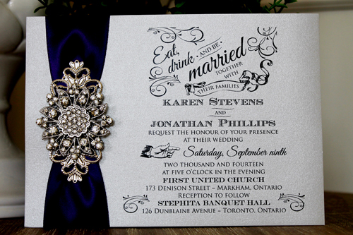 Invitation 1329: Silver Ore, Purple Ribbon, Brooch/Buckle A11, Metal Filigree F4 - Silver - Silver ore paper invite with a purple ribbon and flower brooch