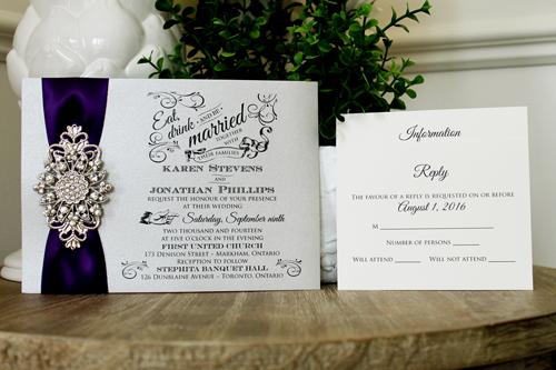 Invitation 1329: Silver Ore, Purple Ribbon, Brooch/Buckle A11, Metal Filigree F4 - Silver - Silver ore paper invite with a purple ribbon and flower brooch