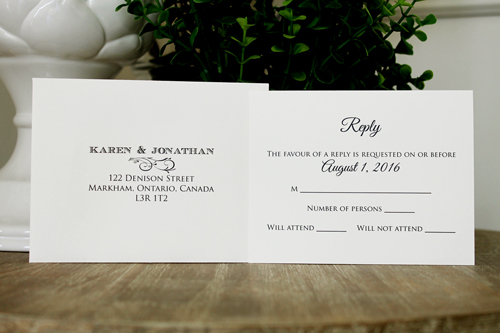 Invitation 1329: Silver Ore, Purple Ribbon, Brooch/Buckle A11, Metal Filigree F4 - Silver - Silver ore paper invite with a purple ribbon and flower brooch