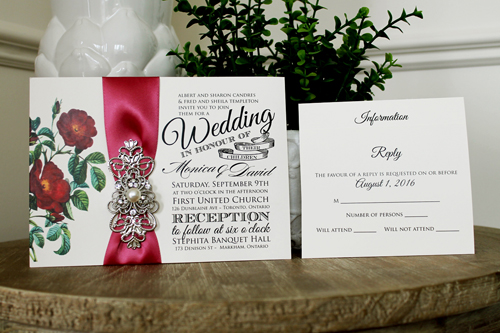 Invitation 1330: Cream Smooth, Dusty Rose Ribbon, Brooch/Buckle A1, Metal Filigree F4 - Silver - Floral printed design card on neutral paper with a dusty rose ribbon and brooch