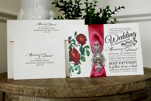 Invitation 1330: Cream Smooth, Dusty Rose Ribbon, Brooch/Buckle A1, Metal Filigree F4 - Silver - Floral printed design card on neutral paper with a dusty rose ribbon and brooch