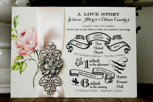 Invitation 1332: Cream Smooth, Petal Pink Ribbon, Brooch/Buckle U, Metal Filigree F4 - Silver - Ivory paper with a petal pink ribbon design and brooch