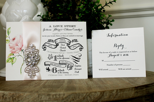 Invitation 1332: Cream Smooth, Petal Pink Ribbon, Brooch/Buckle U, Metal Filigree F4 - Silver - Ivory paper with a petal pink ribbon design and brooch