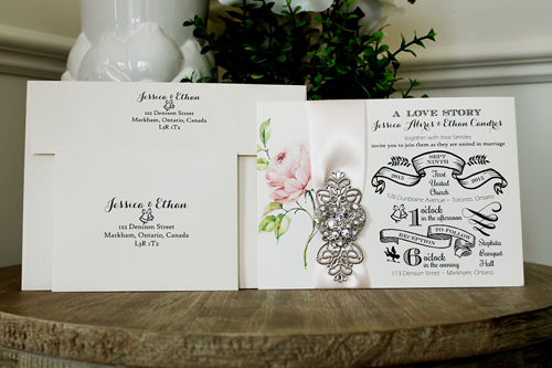 Invitation 1332: Cream Smooth, Petal Pink Ribbon, Brooch/Buckle U, Metal Filigree F4 - Silver - Ivory paper with a petal pink ribbon design and brooch