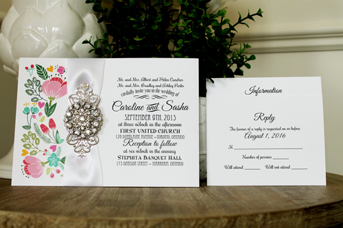 Invitation 1333: White Smooth, White Ribbon, Brooch/Buckle X, Metal Filigree F4 - Silver - Ice Pearl paper with a white ribbon and brooch