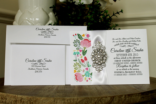 Invitation 1333: White Smooth, White Ribbon, Brooch/Buckle X, Metal Filigree F4 - Silver - Ice Pearl paper with a white ribbon and brooch