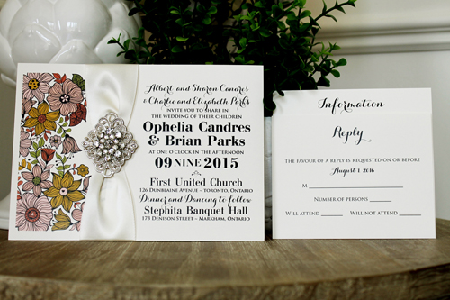 Invitation 1334: Cream Smooth, Antique Ribbon, Brooch/Buckle A9, Metal Filigree F2 - Silver - Floral design printed on the invite with an antique ribbon and brooch