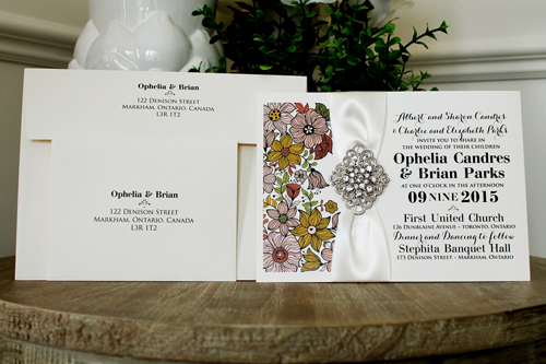 Invitation 1334: Cream Smooth, Antique Ribbon, Brooch/Buckle A9, Metal Filigree F2 - Silver - Floral design printed on the invite with an antique ribbon and brooch