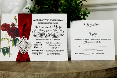 Invitation 1337: Cream Smooth, Sherry Ribbon, Brooch/Buckle I, Metal Filigree F2 - Silver - Floral printed pattern on the cream card with a sherry ribbon and brooch desgin