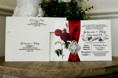 Invitation 1337: Cream Smooth, Sherry Ribbon, Brooch/Buckle I, Metal Filigree F2 - Silver - Floral printed pattern on the cream card with a sherry ribbon and brooch desgin