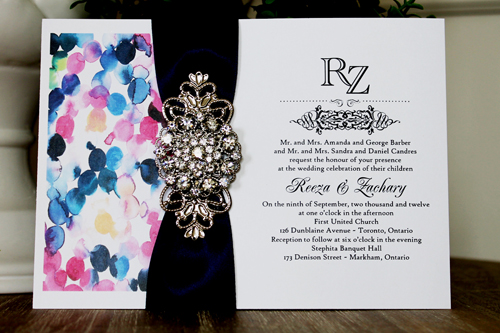 Invitation 1339: Ice Pearl, White Smooth, Navy Ribbon, Brooch/Buckle X, Metal Filigree F4 - Silver - Watercolor pattern design printed on the white paper with a navy ribbon and brooch idea