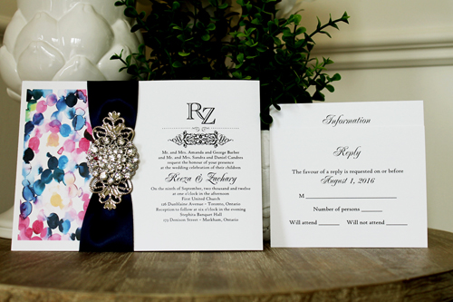 Invitation 1339: Ice Pearl, White Smooth, Navy Ribbon, Brooch/Buckle X, Metal Filigree F4 - Silver - Watercolor pattern design printed on the white paper with a navy ribbon and brooch idea