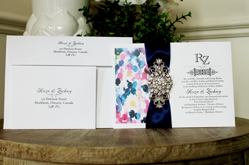 Invitation 1339: Ice Pearl, White Smooth, Navy Ribbon, Brooch/Buckle X, Metal Filigree F4 - Silver - Watercolor pattern design printed on the white paper with a navy ribbon and brooch idea