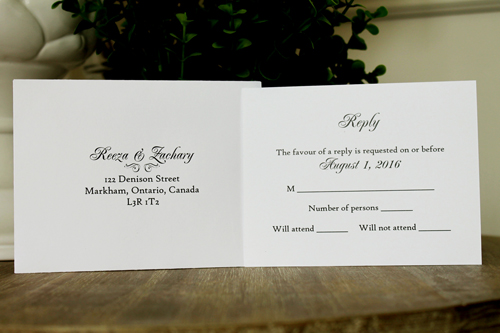 Invitation 1339: Ice Pearl, White Smooth, Navy Ribbon, Brooch/Buckle X, Metal Filigree F4 - Silver - Watercolor pattern design printed on the white paper with a navy ribbon and brooch idea