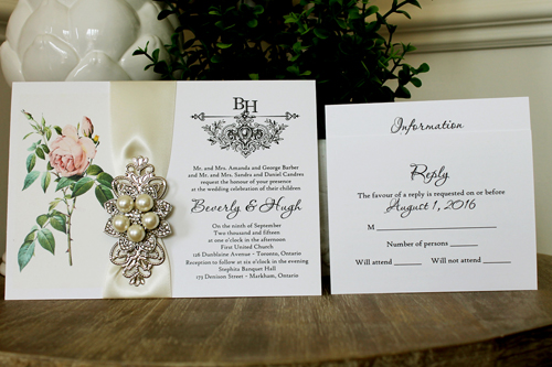 Invitation 1341: White Smooth, Antique Ribbon, Brooch/Buckle T, Metal Filigree F4 - Silver - Single floral design printed on the white card with an antique ribbon and 5 pearl brooch