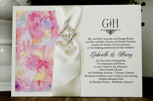 Invitation 1342: Cream Smooth, Antique Ribbon, Brooch/Buckle P - Artwork design printed on the cream paper with an antique ribbon woven into a brooch item