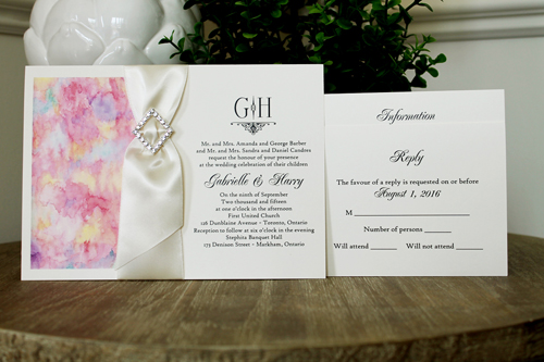 Invitation 1342: Cream Smooth, Antique Ribbon, Brooch/Buckle P - Artwork design printed on the cream paper with an antique ribbon woven into a brooch item