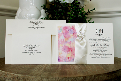 Invitation 1342: Cream Smooth, Antique Ribbon, Brooch/Buckle P - Artwork design printed on the cream paper with an antique ribbon woven into a brooch item