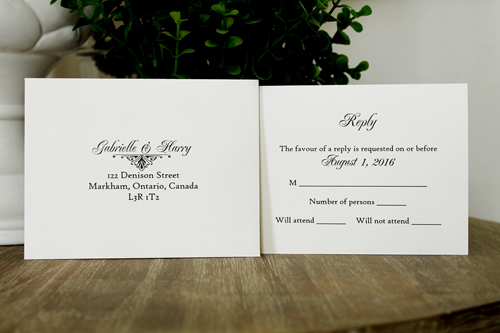 Invitation 1342: Cream Smooth, Antique Ribbon, Brooch/Buckle P - Artwork design printed on the cream paper with an antique ribbon woven into a brooch item