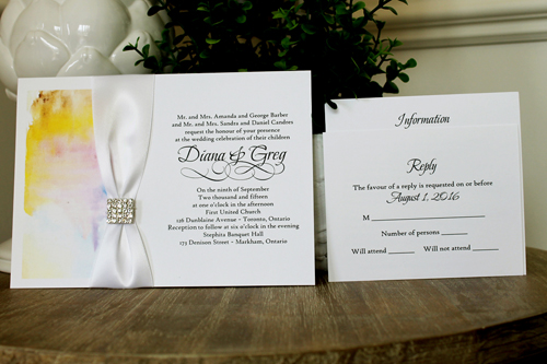 Invitation 1344: White Smooth, White Ribbon, Brooch/Buckle I - Watercolor print on the white card with a white ribbon and small square brooch decal