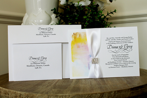 Invitation 1344: White Smooth, White Ribbon, Brooch/Buckle I - Watercolor print on the white card with a white ribbon and small square brooch decal