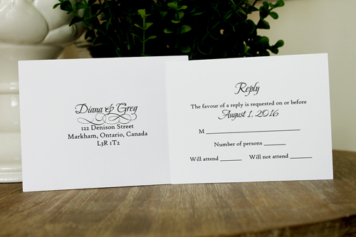 Invitation 1344: White Smooth, White Ribbon, Brooch/Buckle I - Watercolor print on the white card with a white ribbon and small square brooch decal