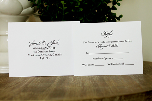 Invitation 1345: White Smooth, Wine Ribbon, Brooch/Buckle A22 - Abstract pattern on the white card with a wine ribbon and small brooch