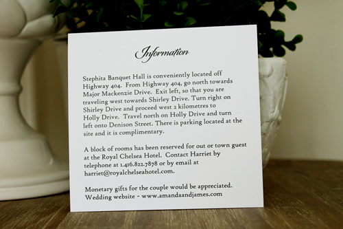 Invitation 1345: White Smooth, Wine Ribbon, Brooch/Buckle A22 - Abstract pattern on the white card with a wine ribbon and small brooch