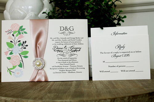 Invitation 1346: Cream Smooth, Deep Blush Ribbon, Brooch/Buckle G - Cut floral print on the cream card with a deep blush ribbon and pearl brooch