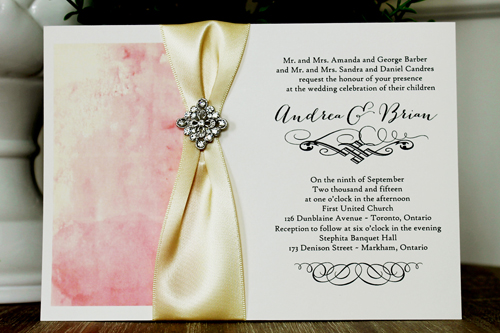 Invitation 1347: Cream Smooth, Buttermilk Ribbon, Brooch/Buckle A22 - Pink watercolor design printed on the cream card with a buttermilk ribbon and diamond shape brooch