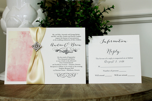 Invitation 1347: Cream Smooth, Buttermilk Ribbon, Brooch/Buckle A22 - Pink watercolor design printed on the cream card with a buttermilk ribbon and diamond shape brooch