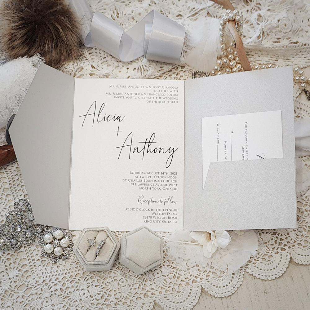 Invitation 3113: Silver Ore - Pocketfold wedding card on a silver ore paper with a silver wax seal.