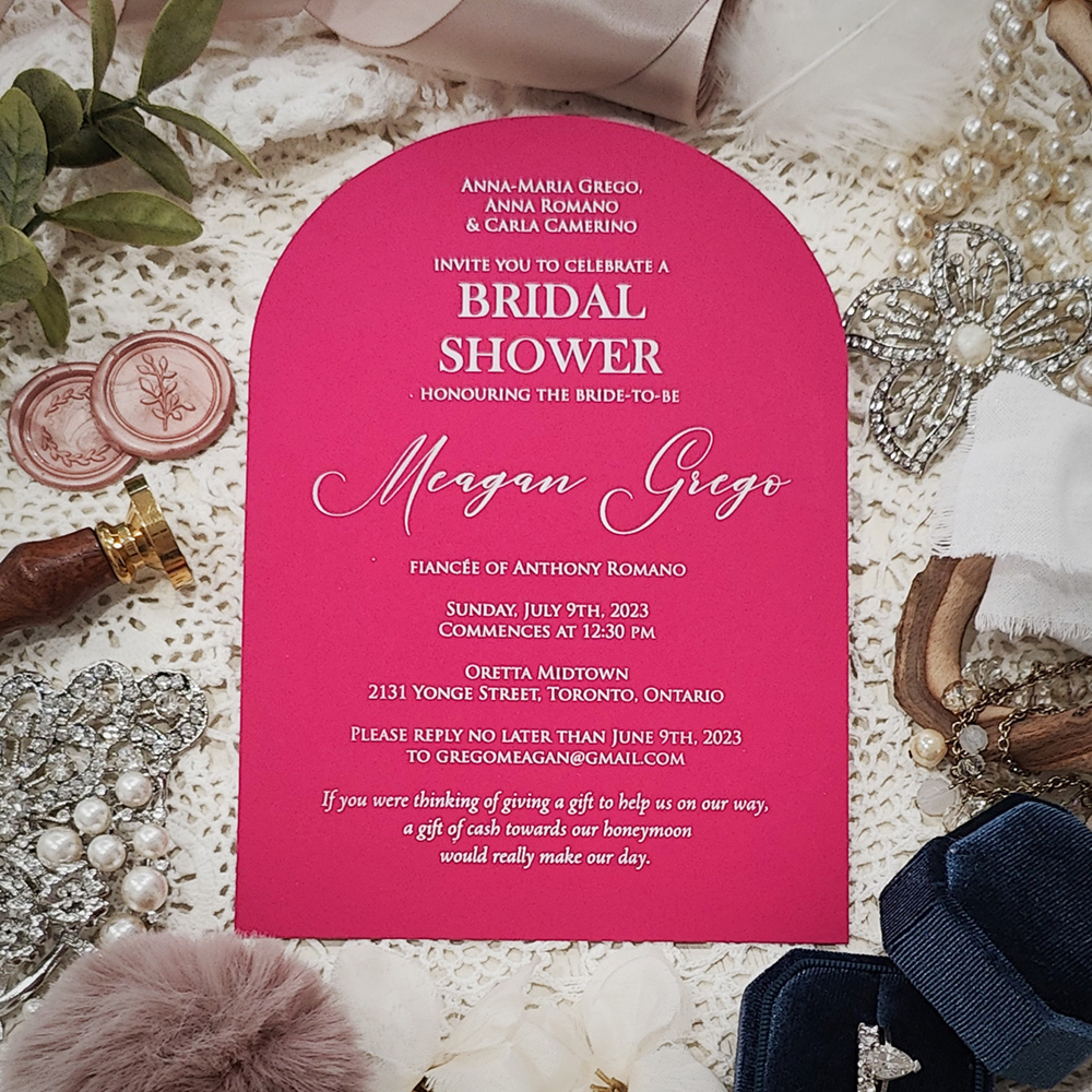 Invitation 8400:  - Azalea arch bridal shower invite with white print